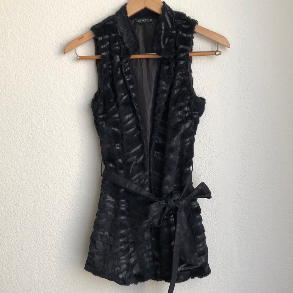 Black faux fur vest with belt